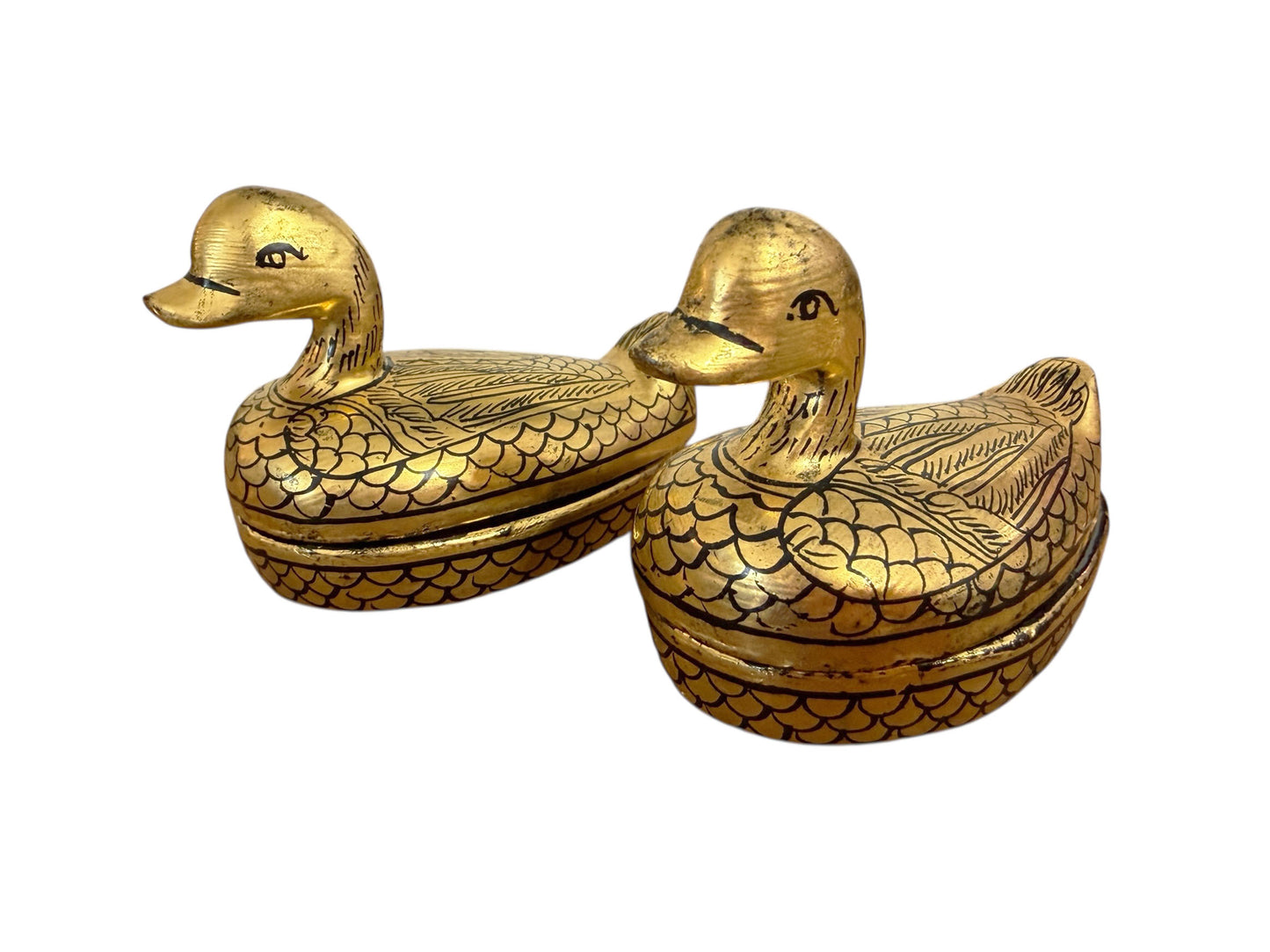 #632 Vintage Burmese Gold Painted Wood Lacquered Ducks Trinket Boxes S/2