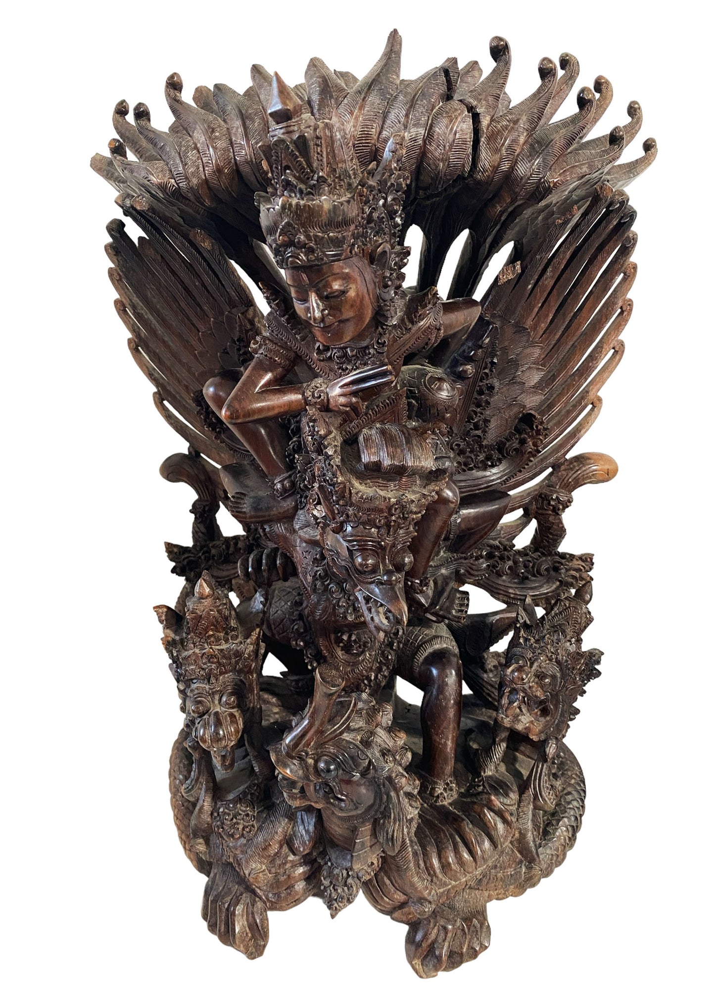 #5920 Vintage  Hand carved Wood  Sculpture of  Lord Vishnu Riding Garuda 19" H