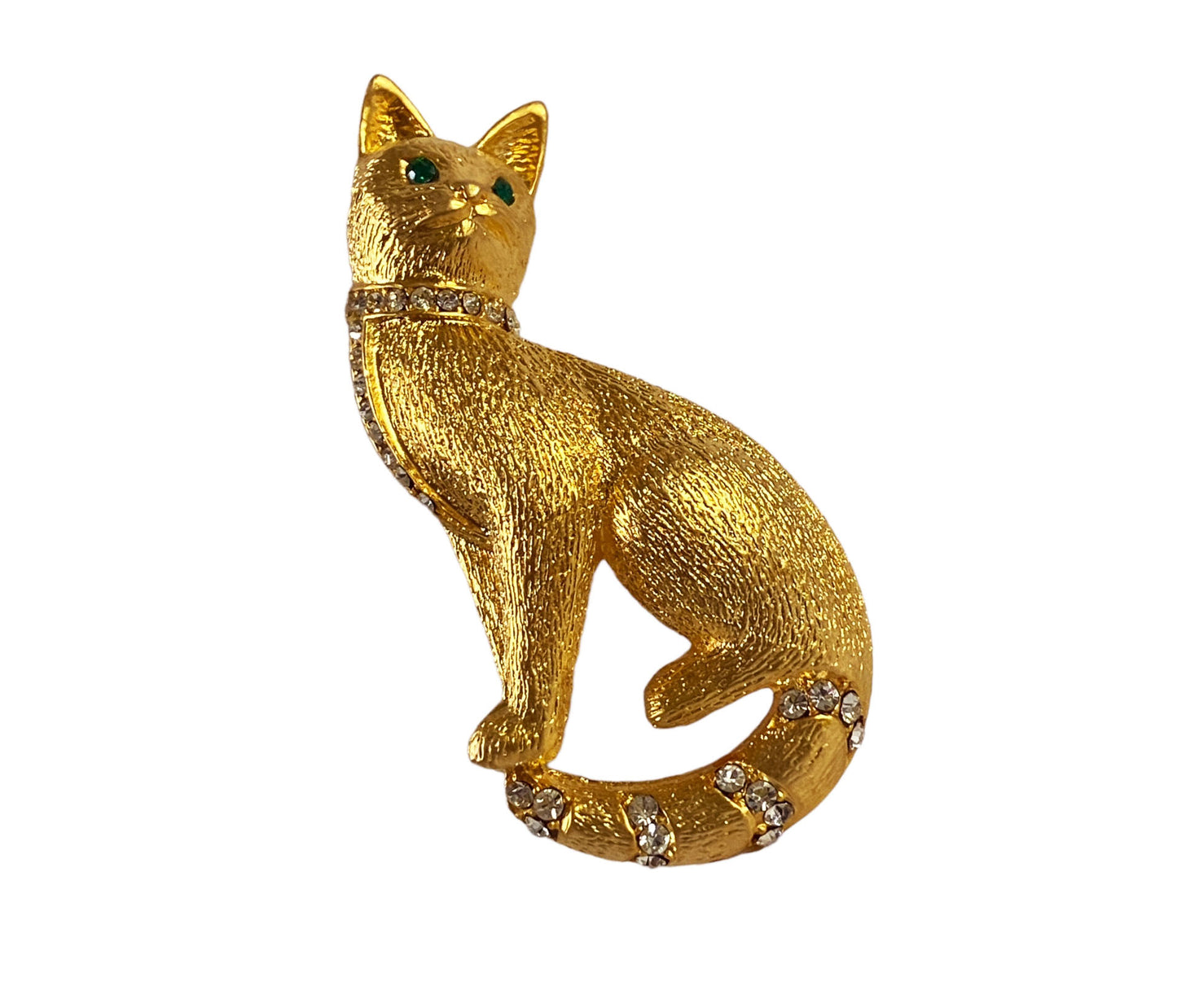 #5933 Vintage Gold Toned Cat Brooch Pin with Green Eyes 2.75" H