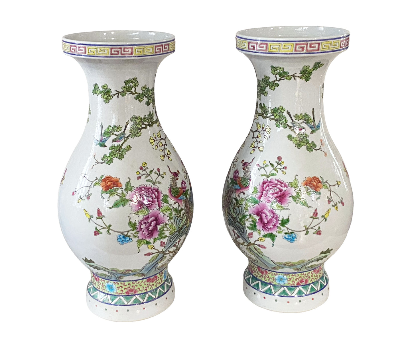 #3195 Chinoiserie Hand Painted Famille Rose  Phoenix Vases /Pair 21" H