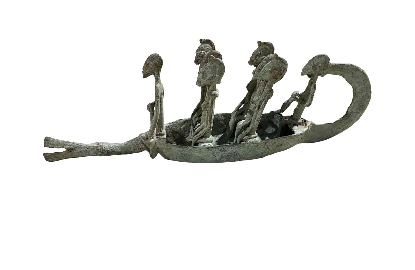 #7220 Large Dogon Bronze Pirogue  Crocodile Boat W/ figures , Mali  16" W