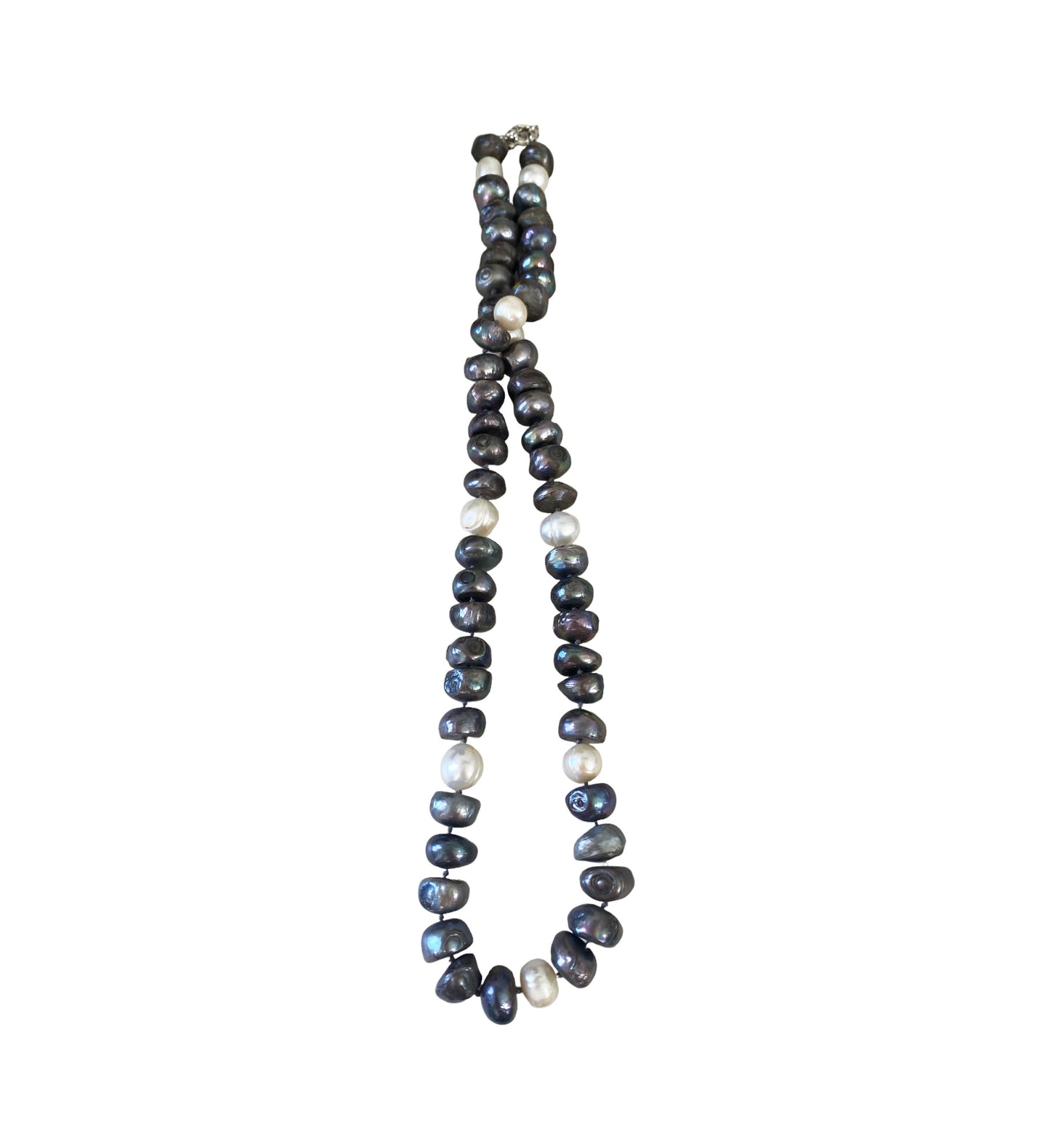 #6134 Vintage Black White Blue Grey 19.5" Long Freshwater Baroque Necklace Pearls