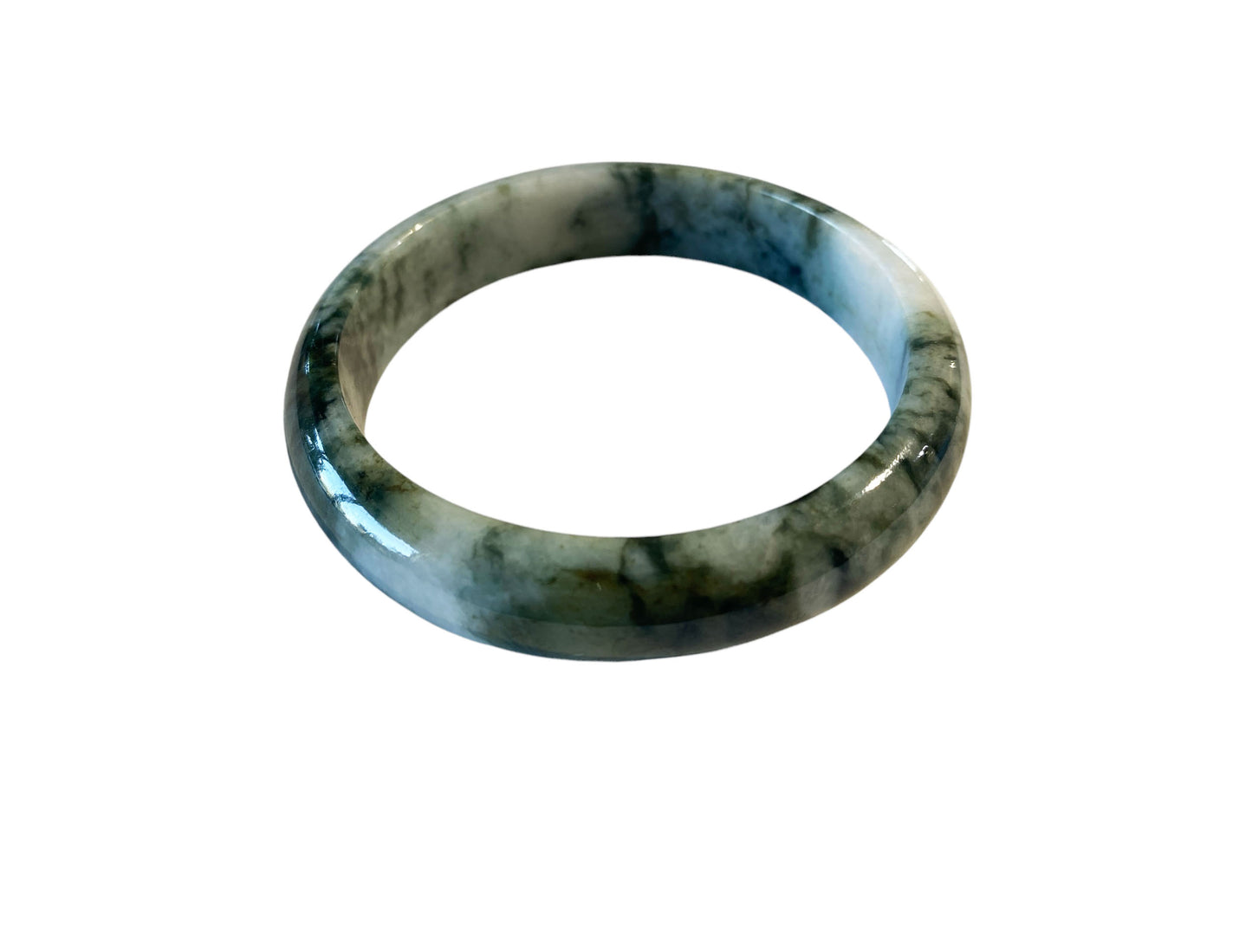 #6253 Mottled gray & Green Jadeite Jade  Bangle Bracelet 3.25" Diameter