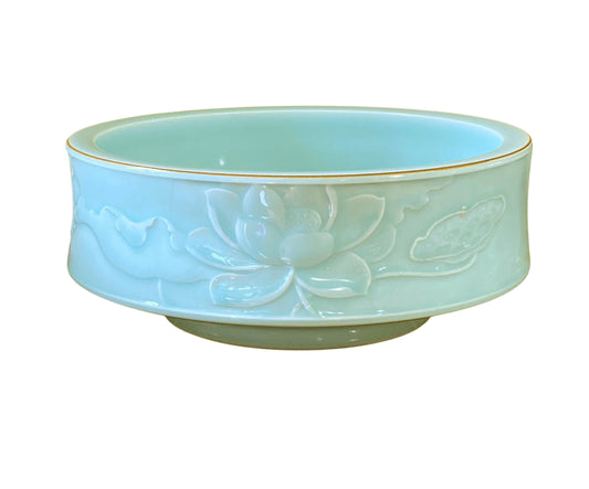 #135 Chinoiserie Hand Carved Celadon Bowl with Lotus Flower 10.25" D