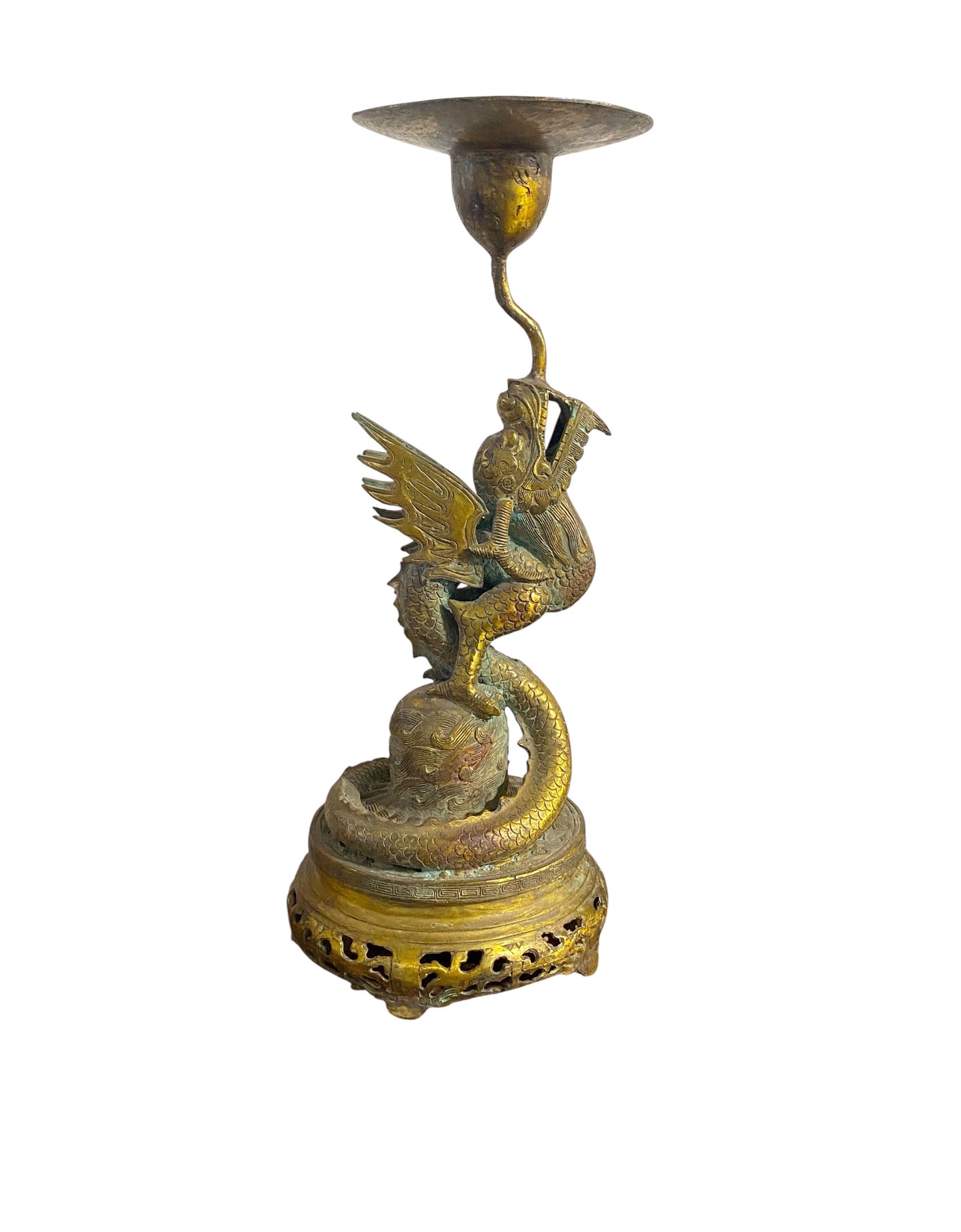 #6595 Vintage Chinoiserie Bronze Candle Holder With Dragon 17" H