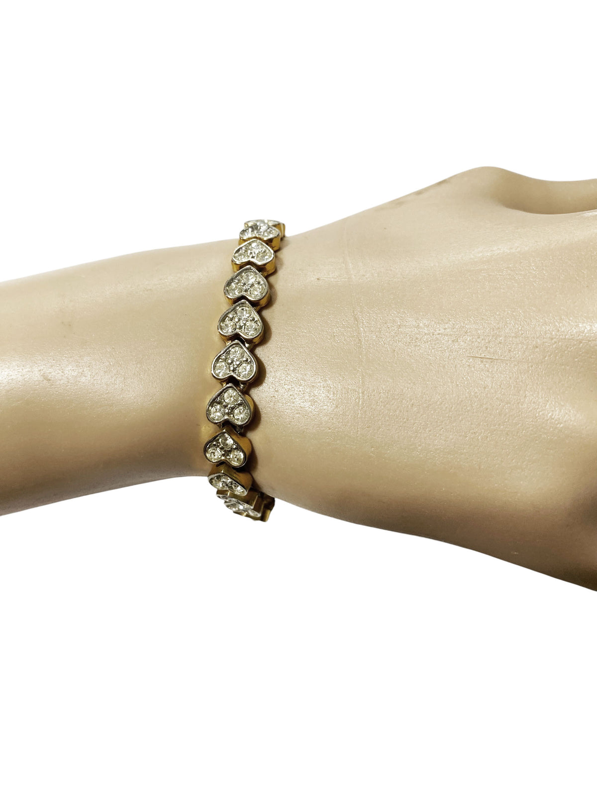 #68 Vintage  Faux Gold Tone  Pave Rhinestone Heart Tennis Bracelet