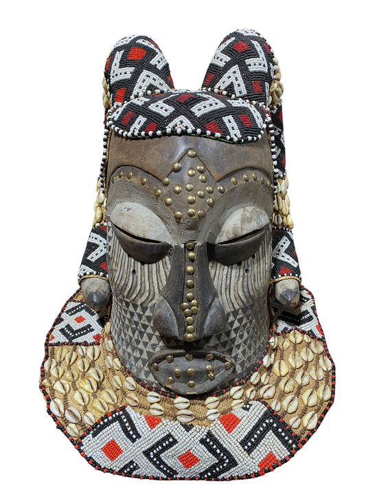 #681 Vintage Large African Tribal Kuba Royal Head Mask Congo 14" H
