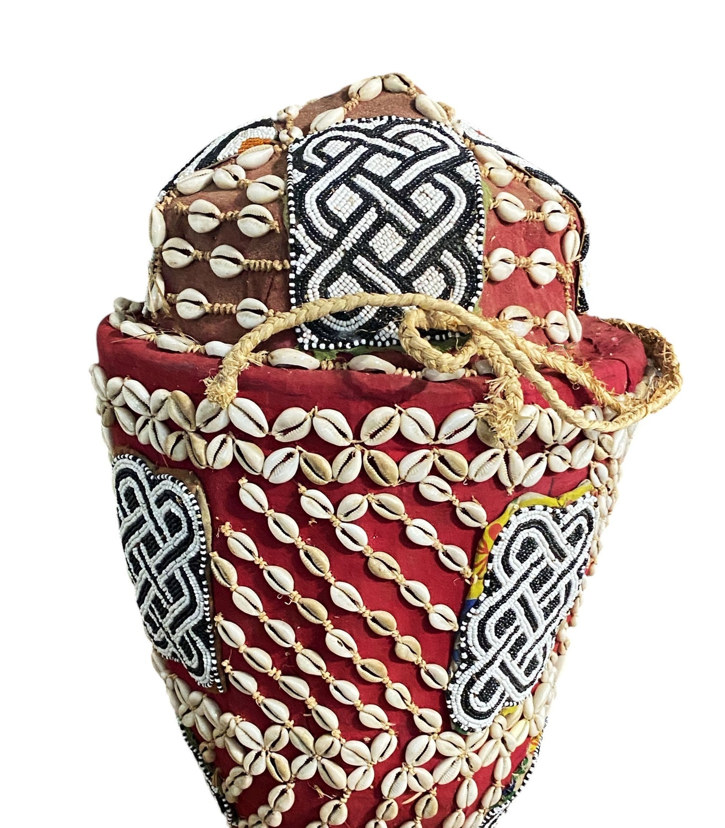 #1122 Vintage Large Kuba Royal Beaded Basket Congo 22" H