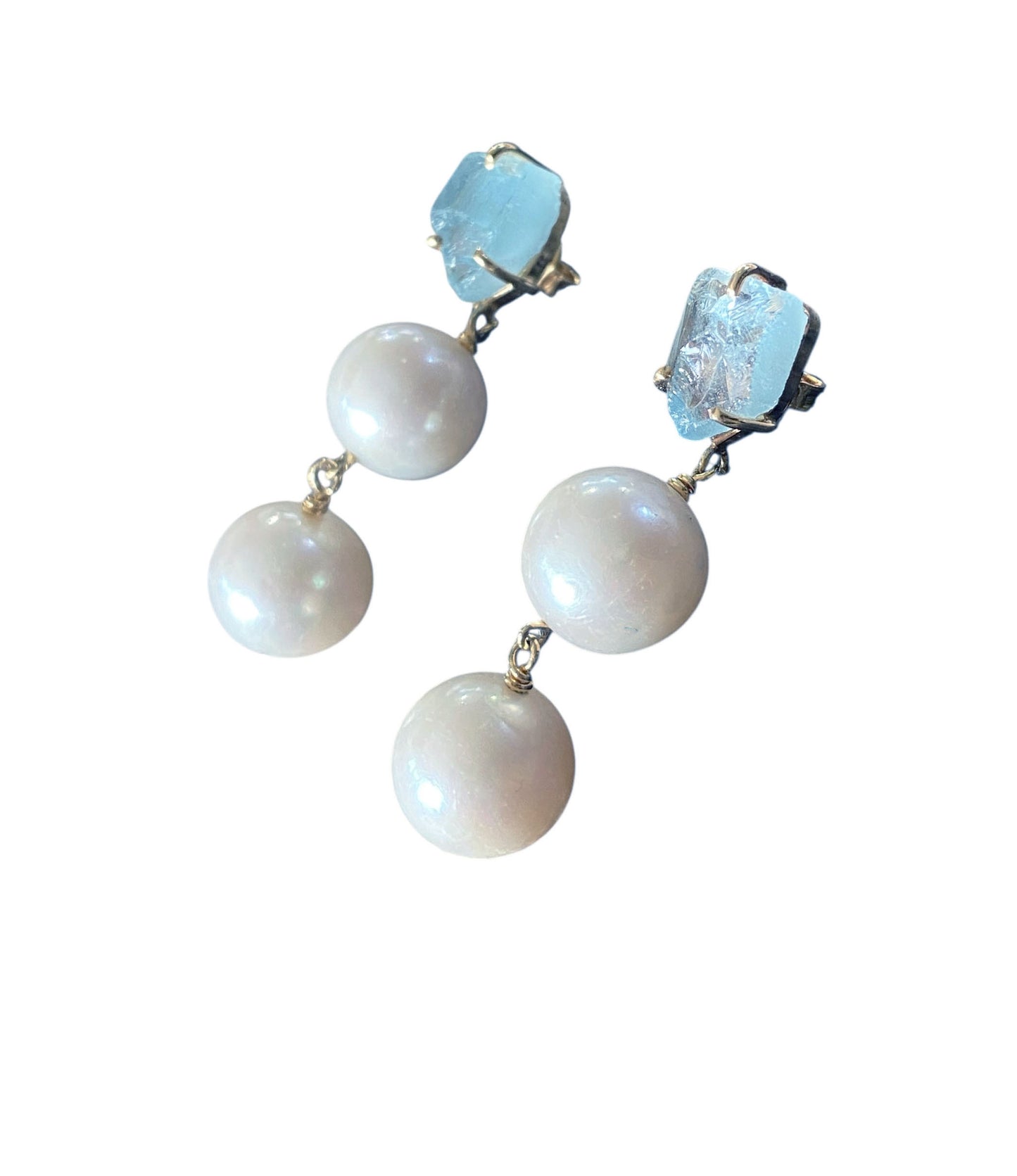 #127 Cultured Freshwater Pearl 10 mm Earrings with Blue Aqua Marine 18K Yellow Gold