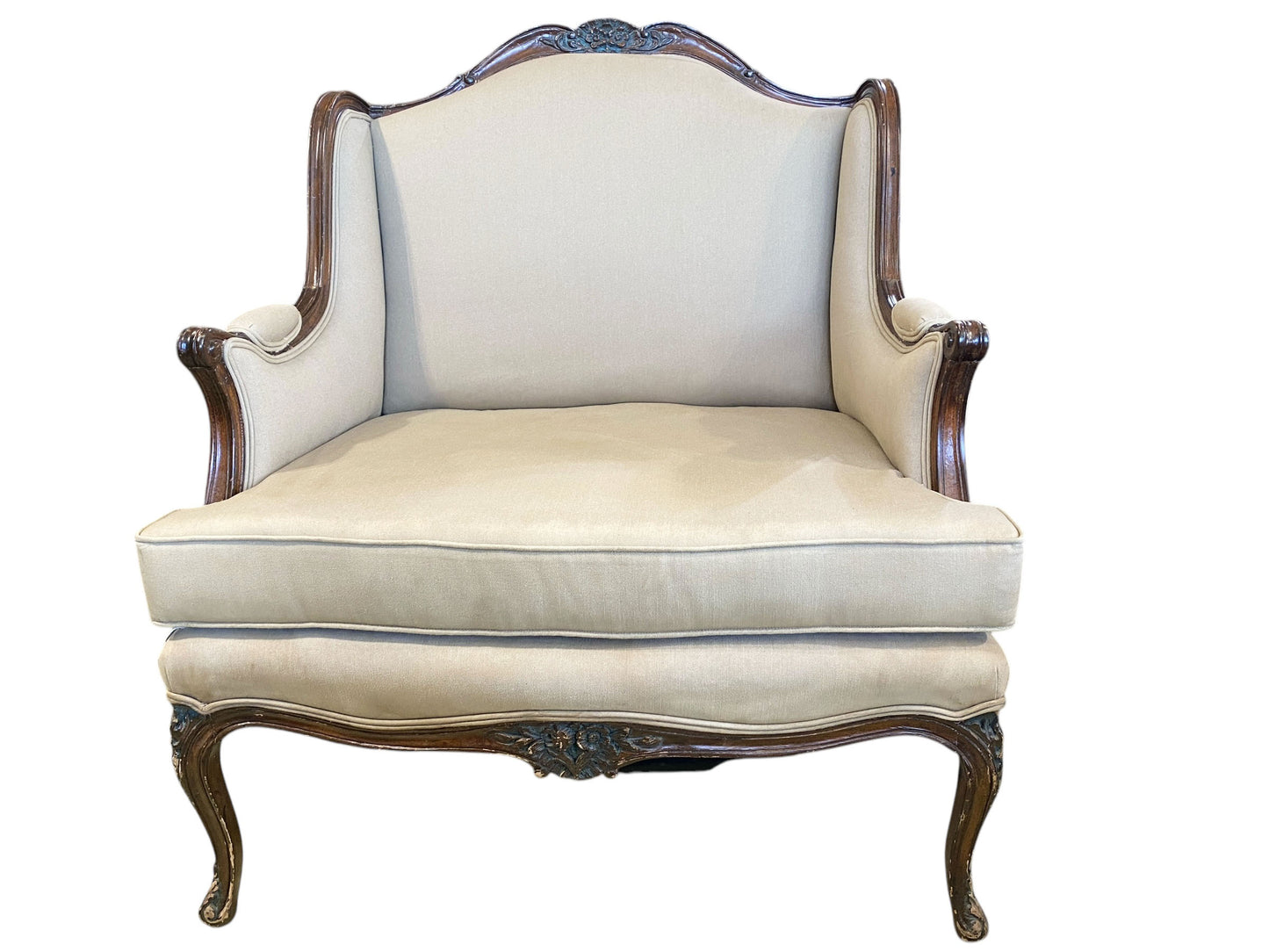 #6607 Vintage French Country Louis XV Style Carved Walnut  Bergere Lounge Chair