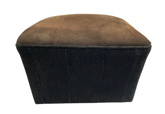 #3810 Custom Made W/African Mud Cloth and Cowhide Leather Ottoman 18.5"W by 16" H