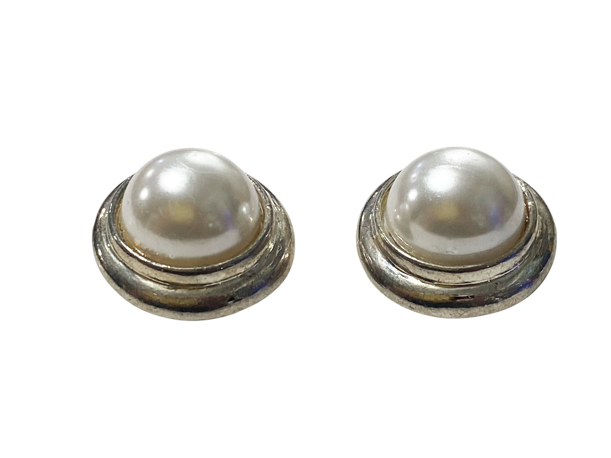 #80 Vintage Faux Pearl Earrings Round Shape Rhinestones Clip On white gold Tone