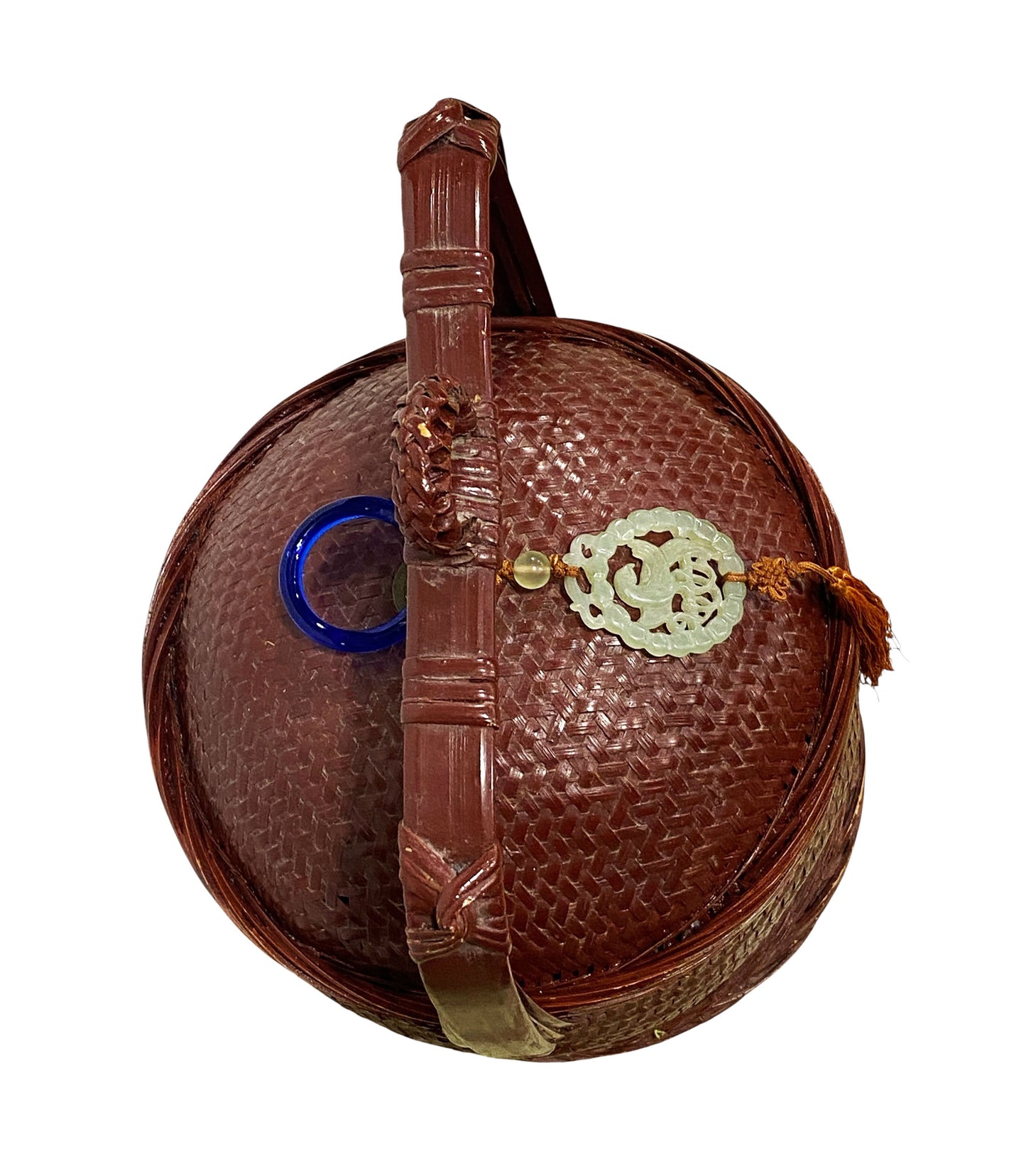 #660 Vintage chinoiserie woven wicker storage basket 12.5"