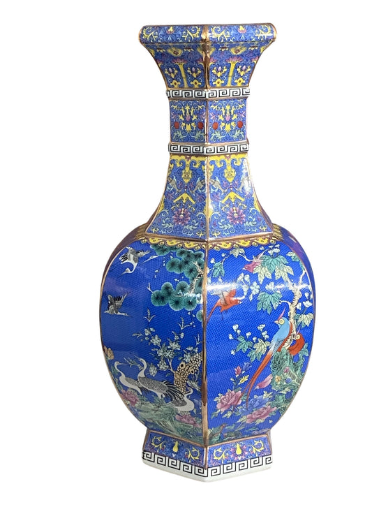 #3684 Chinoiserie Famille Rose Style  Hexagonal Shaped Vase 20.5" H