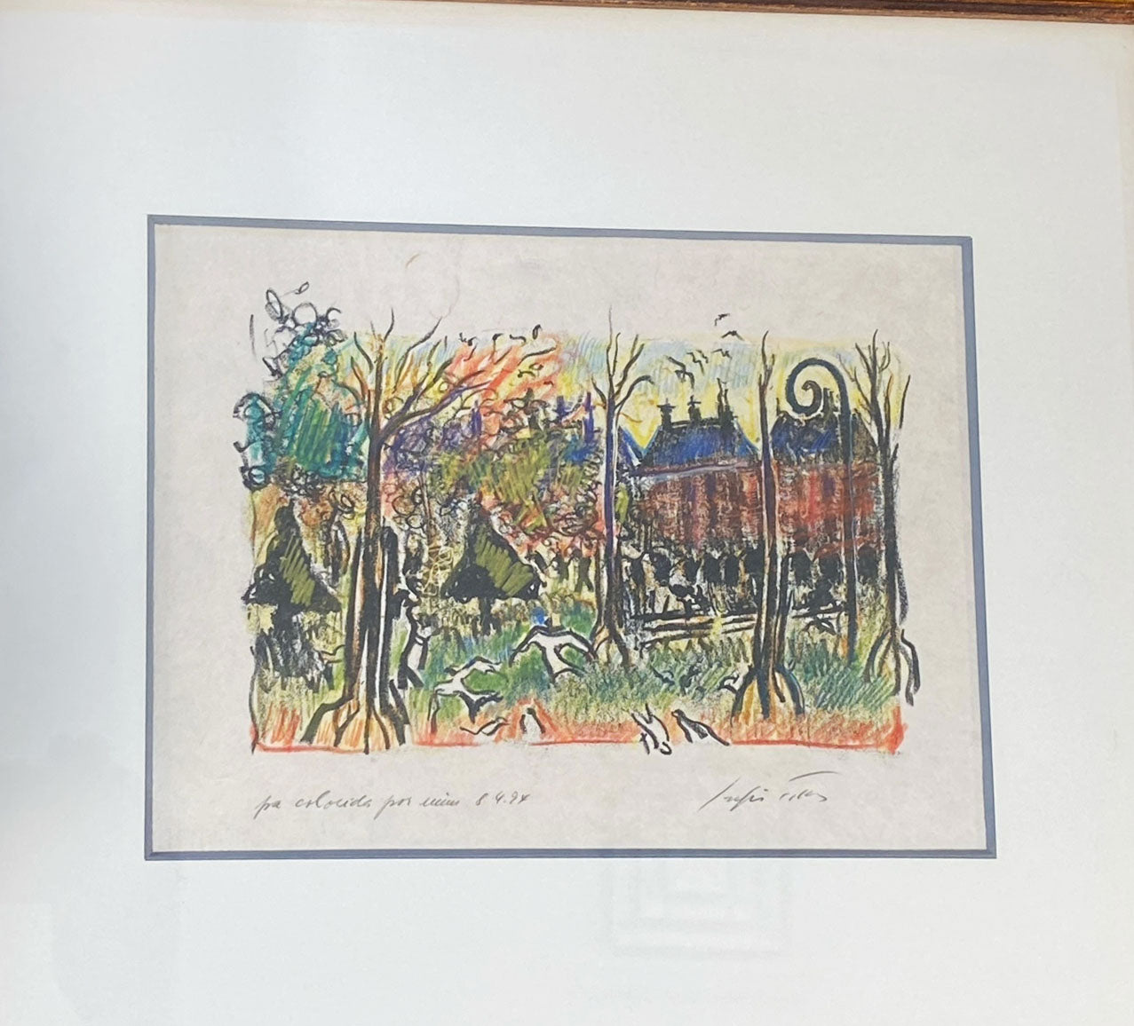 #100 Listed Artist  Sergio Telles French Park Scene Framed 15.75" H