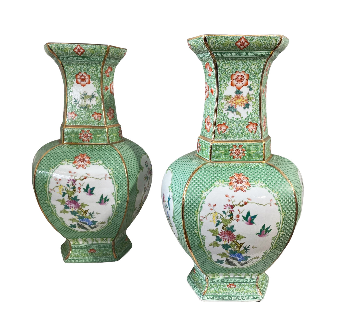 #7245 Chinoiserie Porcelain Famille Verte Style Vases 19.5" H Set Of Two