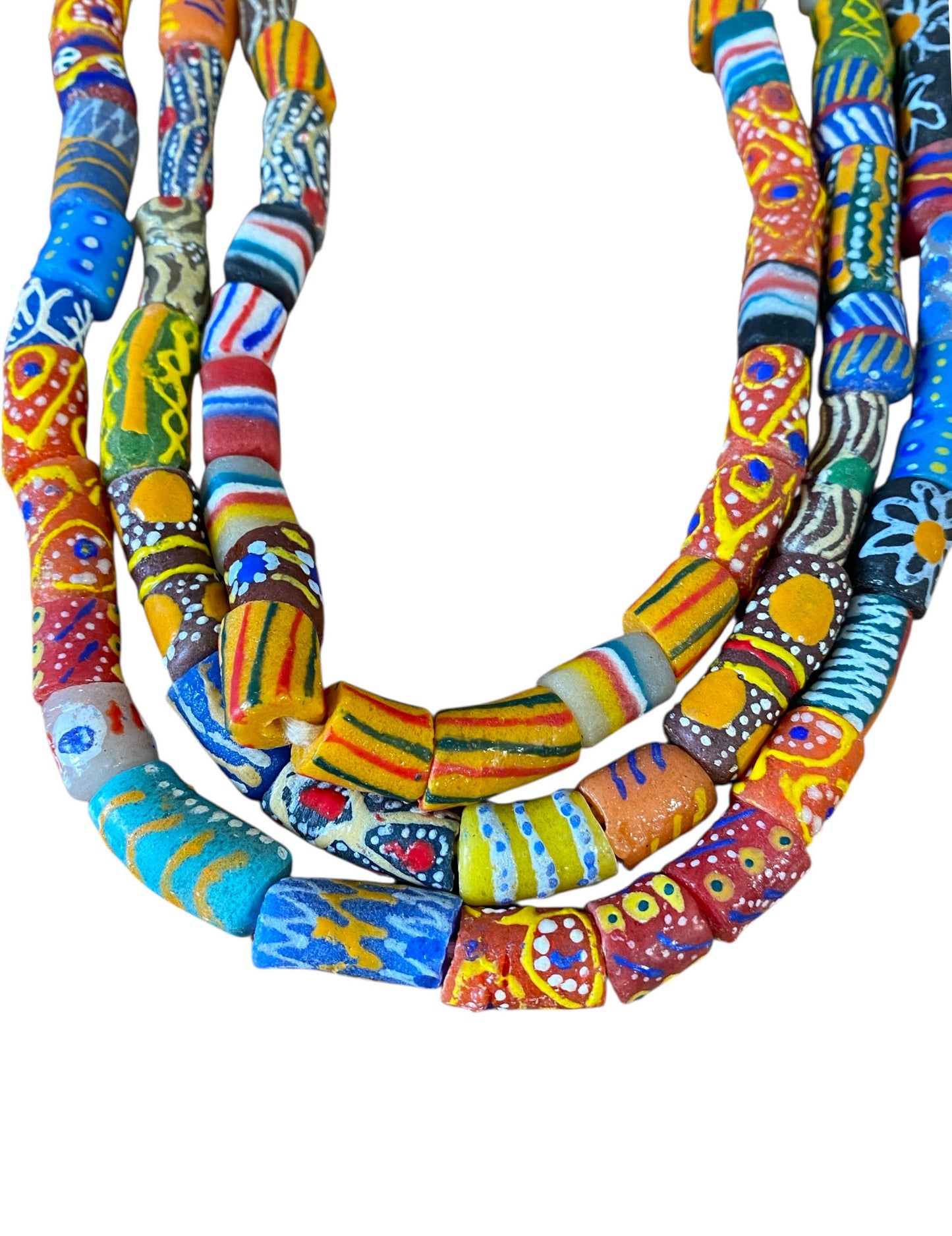 #6816 Set of 3 Vintage MilleFiori  Ghana African Trade Bead Long Necklaces  15" H