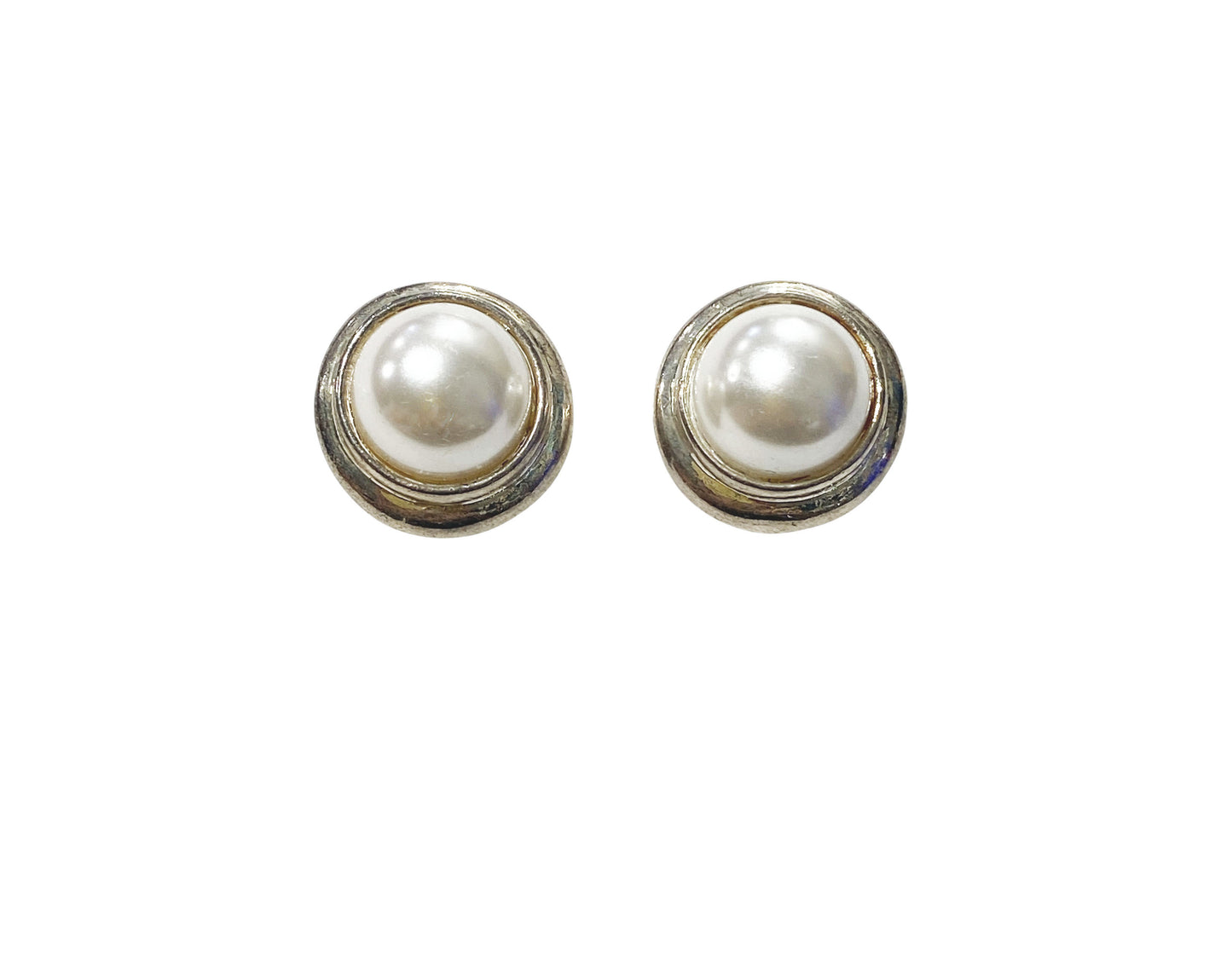 #80 Vintage Faux Pearl Earrings Round Shape Rhinestones Clip On white gold Tone