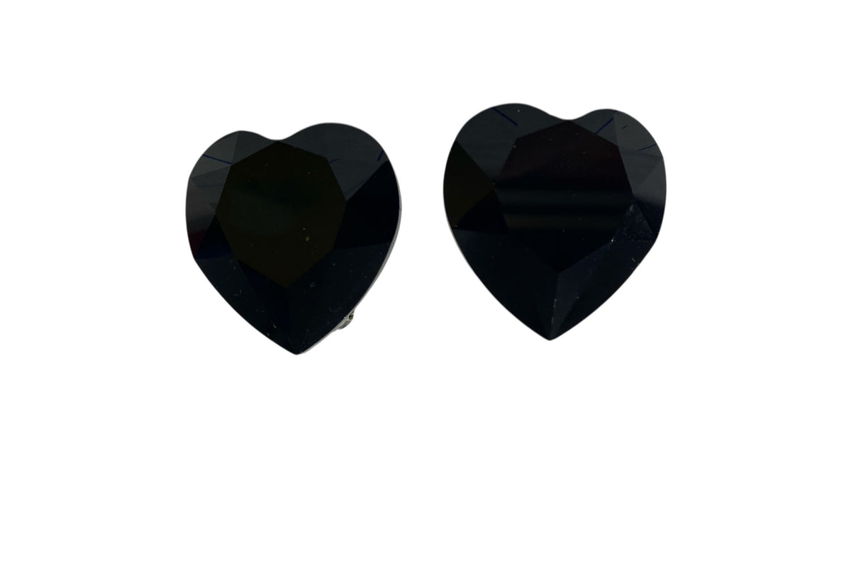#67 Vintage Faux  Black Onix Heart Shape  clip- on Earrings