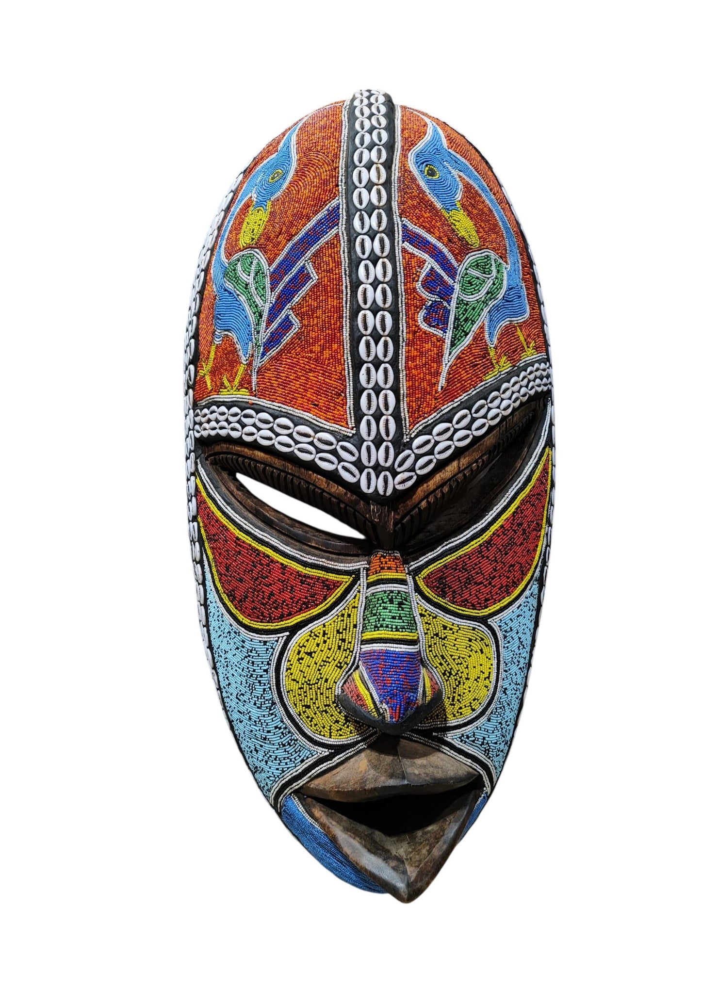 #6835  Large African  Beaded Ghana Bakota Hand Carved  Mask Wall Art 30.5" H