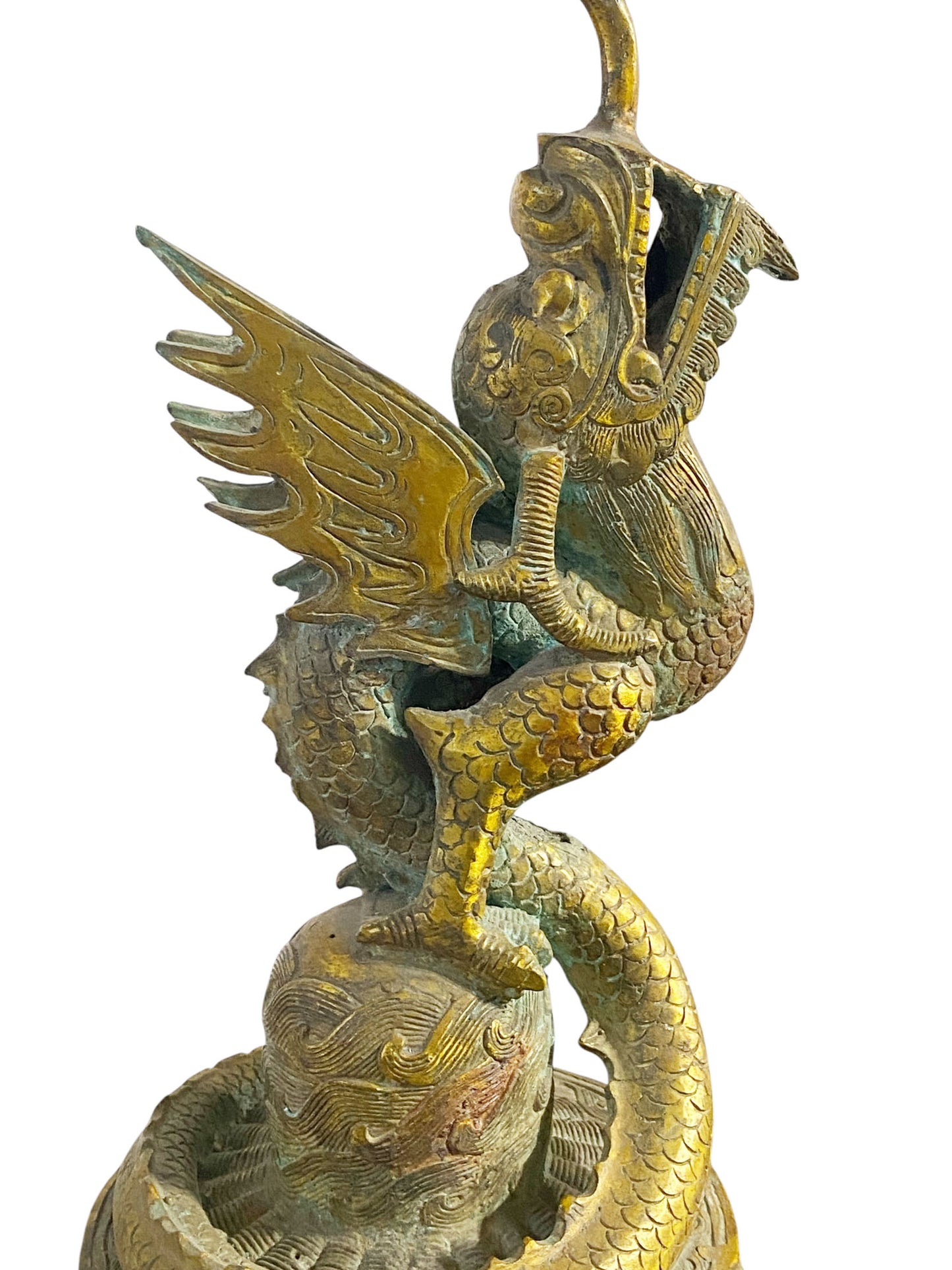 #6595 Vintage Chinoiserie Bronze Candle Holder With Dragon 17" H