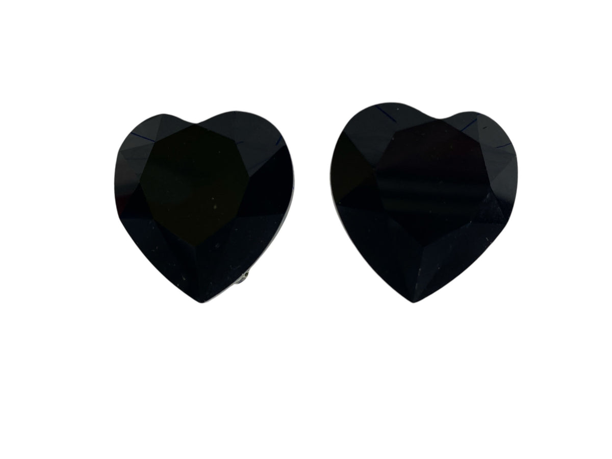 #67 Vintage Faux  Black Onix Heart Shape  clip- on Earrings