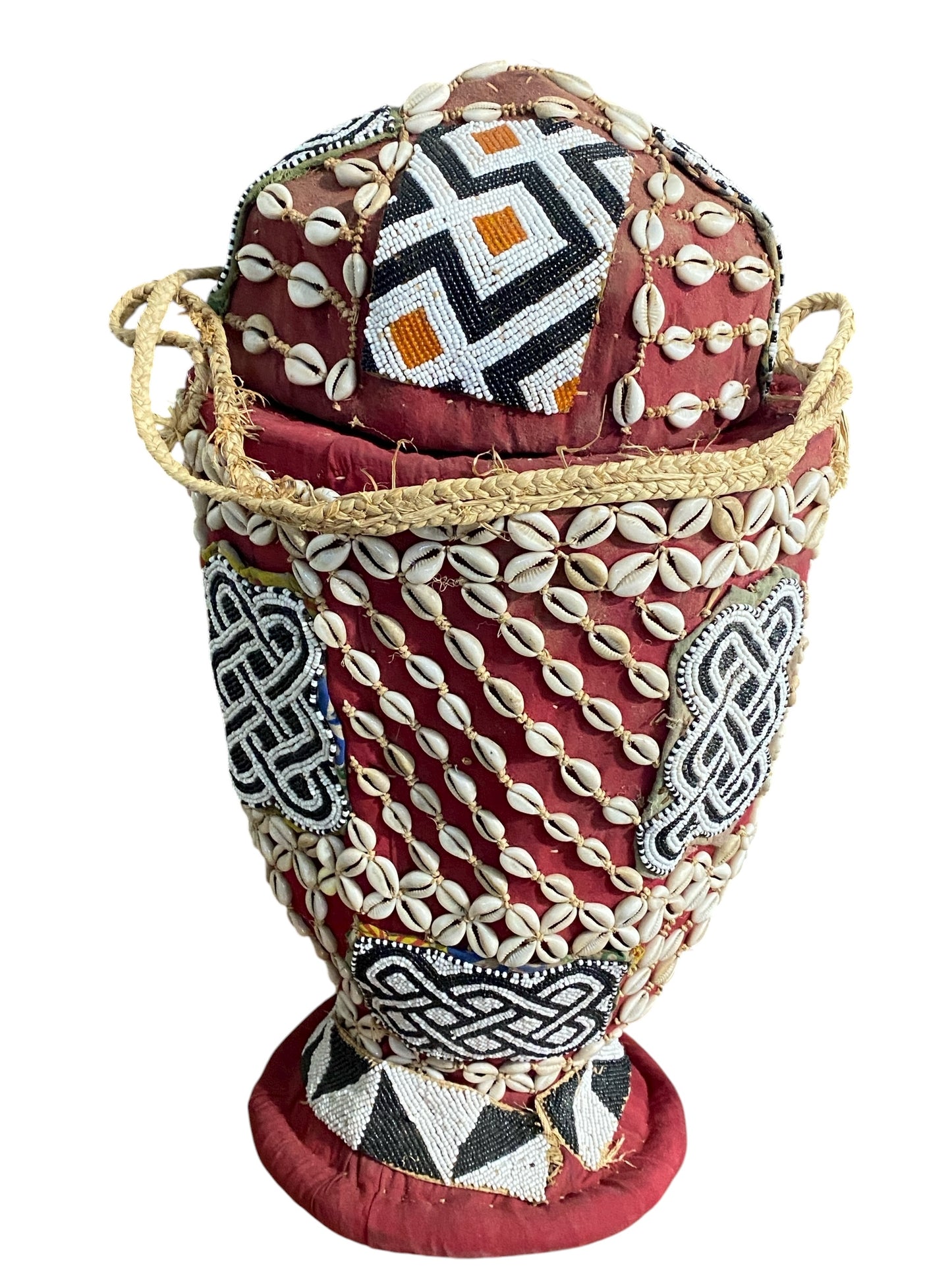 #1122 Vintage Large Kuba Royal Beaded Basket Congo 22" H