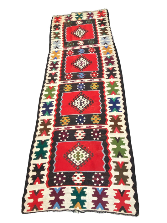 #7154  Tribal Old Hand Knotted Wool  Anatolian  Kilim Runner  Rug, Anatolian 114"