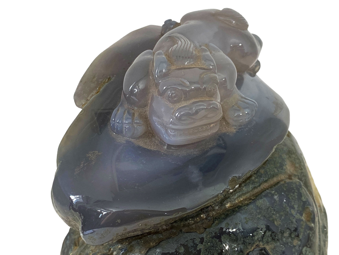 #6183  Smoky Carnelian Agate Stone with Foo Dog 8.75" h