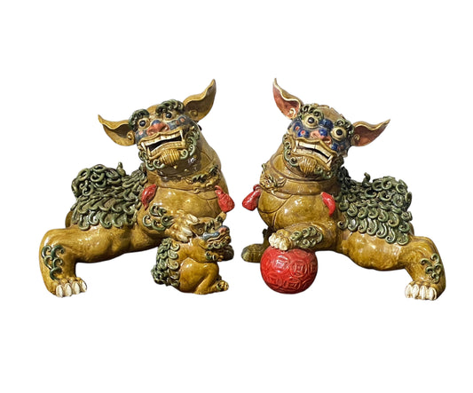 #6352 Vintage Large Chinoiserie Sancai Glaze Pottery Foo Dogs - a Pair 19" H