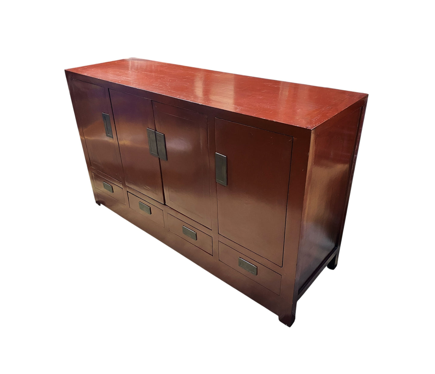 #399 Vintage Chinoiserie Dark Red Lacquer Finish  Chest 37.5" H by 63" W