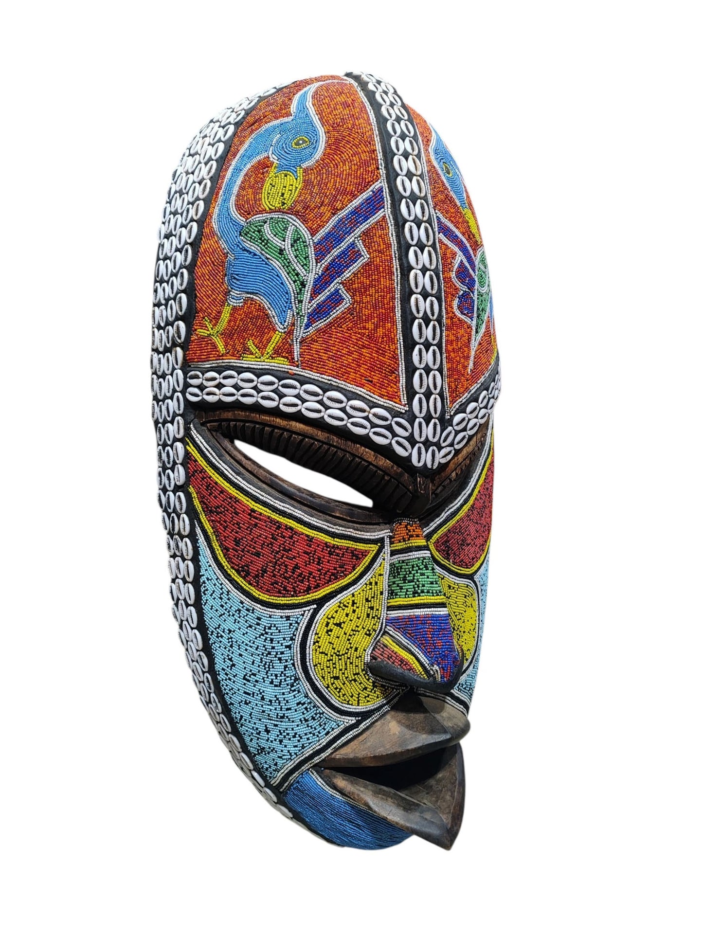 #6835  Large African  Beaded Ghana Bakota Hand Carved  Mask Wall Art 30.5" H