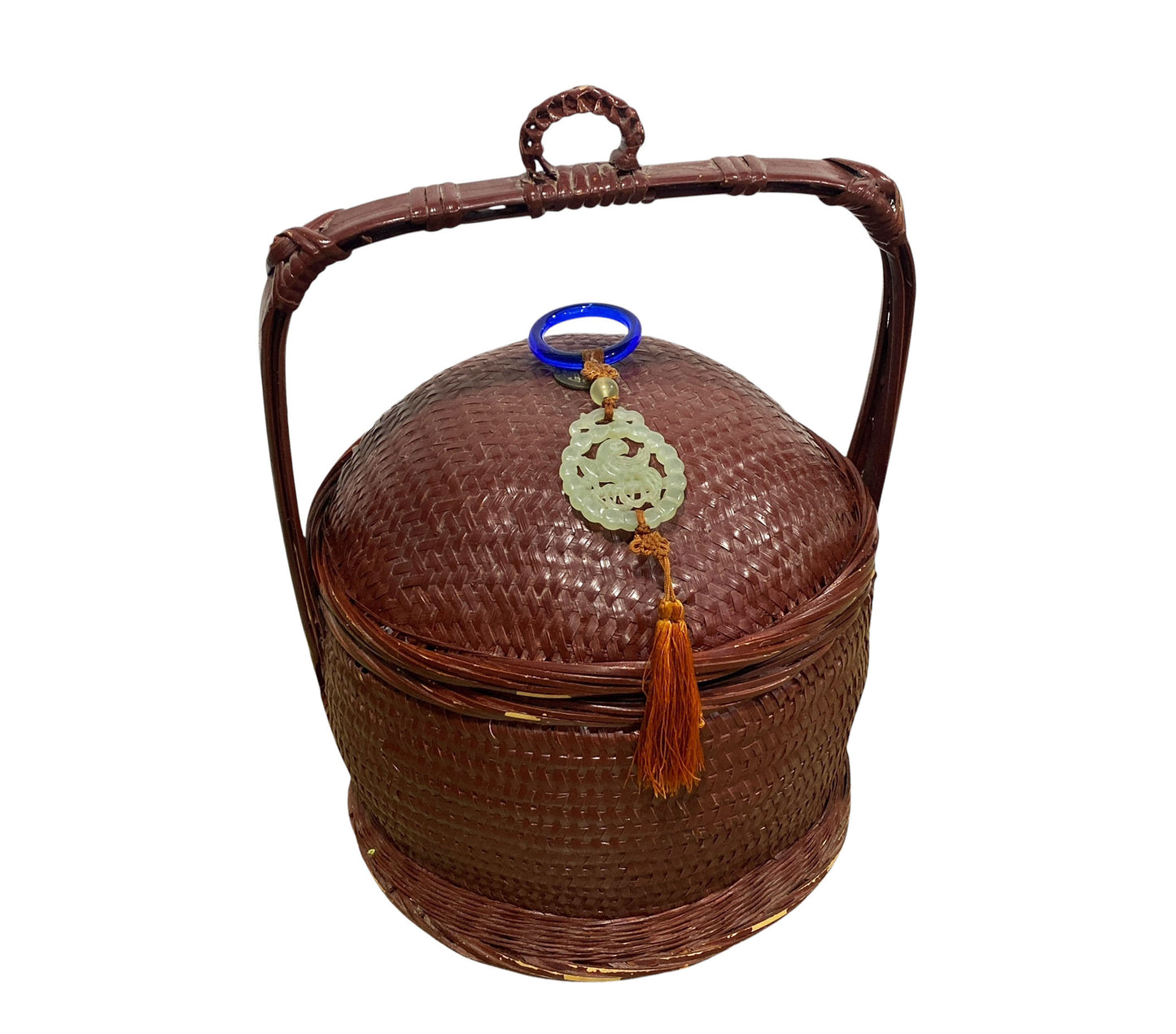 #660 Vintage chinoiserie woven wicker storage basket 12.5"