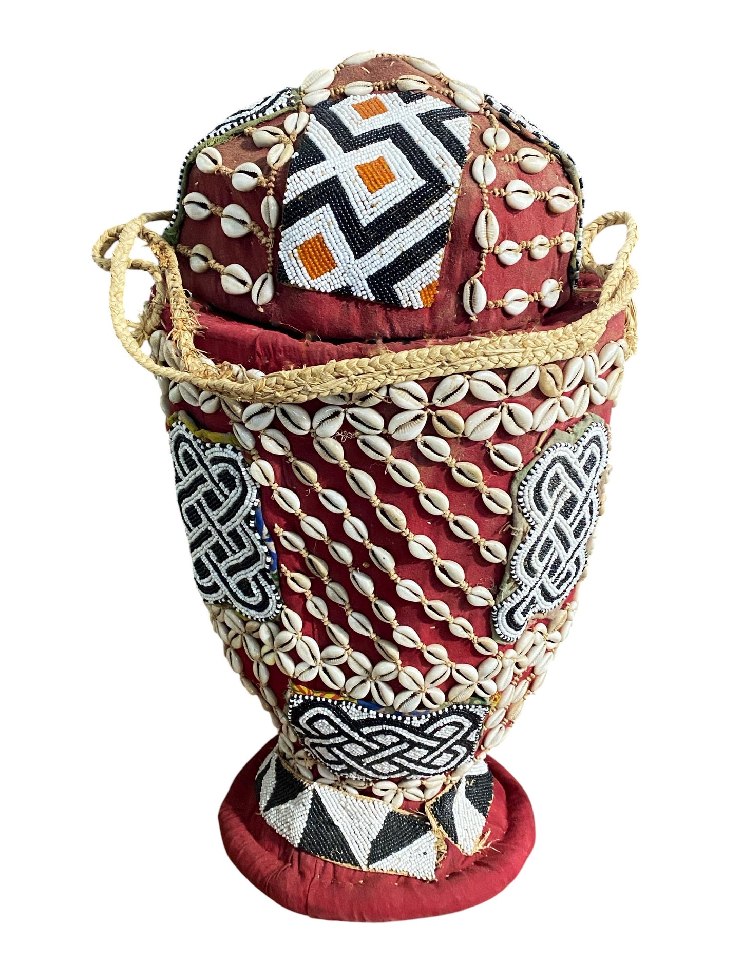 #1122 Vintage Large Kuba Royal Beaded Basket Congo 22" H