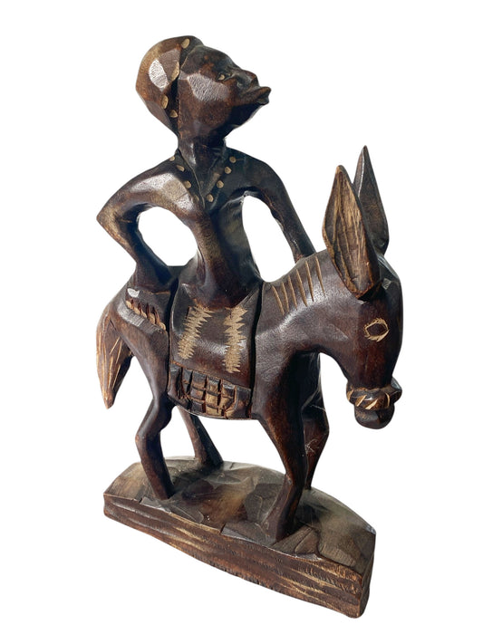 #800 Vintage African Wood Sculpture of a Figure on a Donkey 11" H