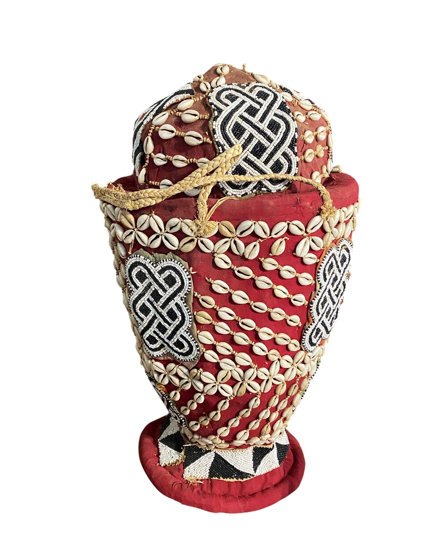 #1122 Vintage Large Kuba Royal Beaded Basket Congo 22" H