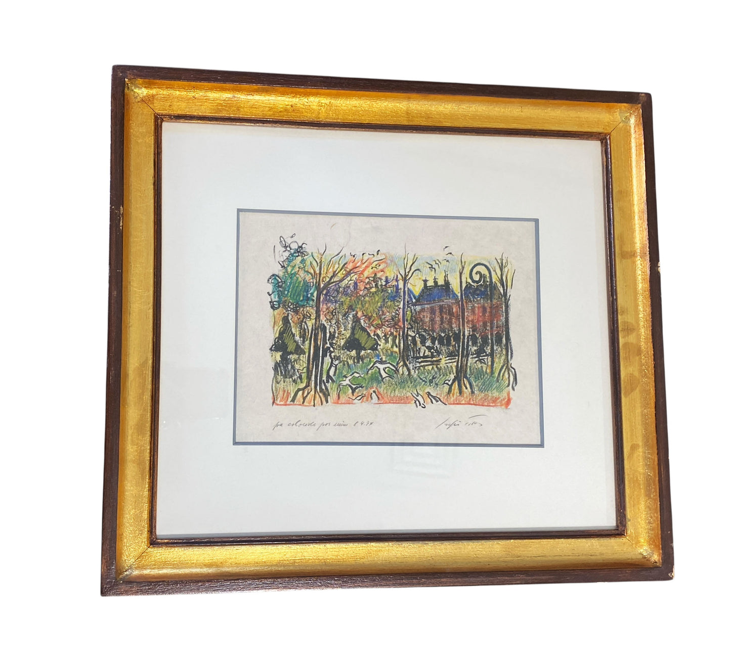 #100 Listed Artist  Sergio Telles French Park Scene Framed 15.75" H