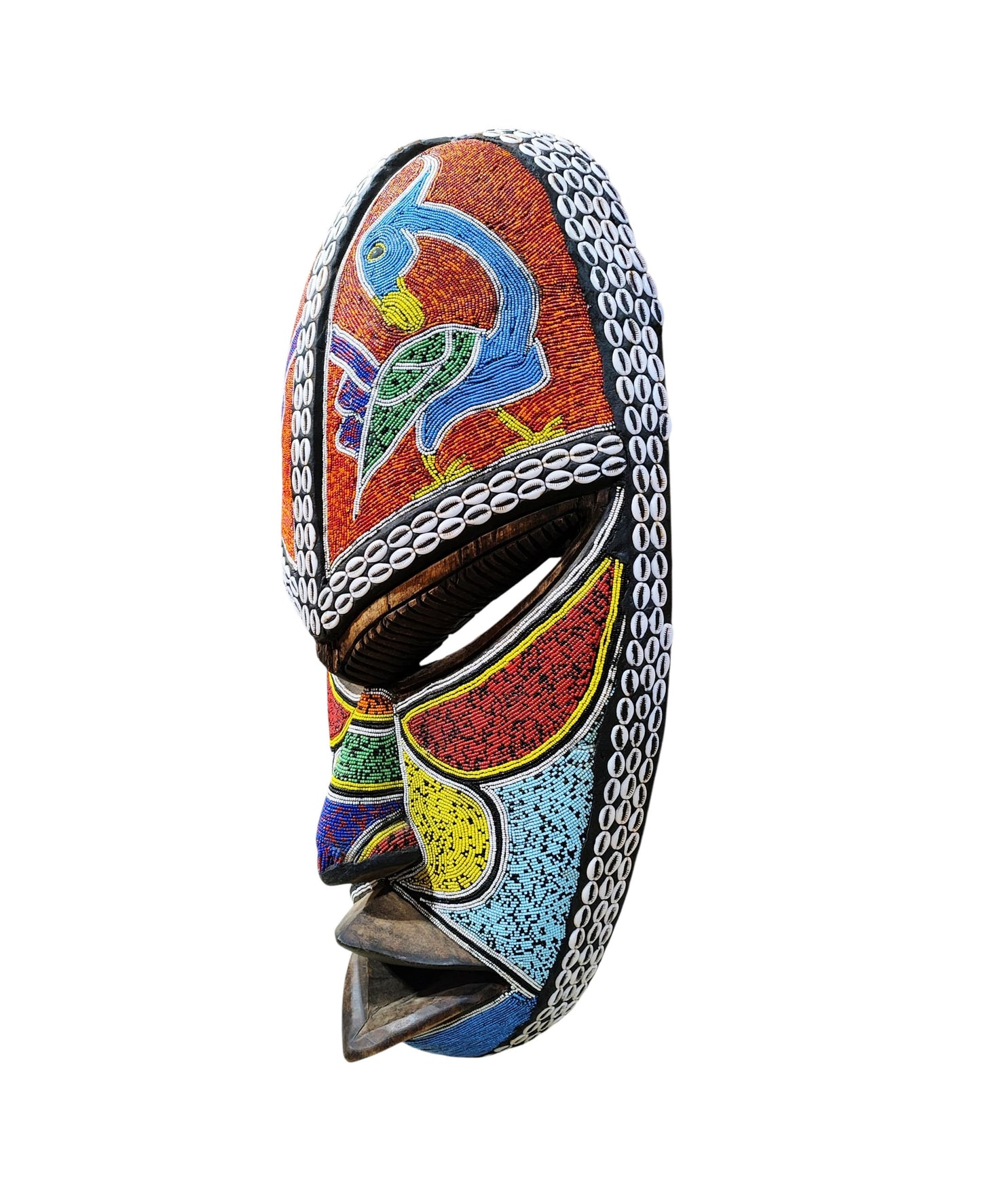 #6835  Large African  Beaded Ghana Bakota Hand Carved  Mask Wall Art 30.5" H