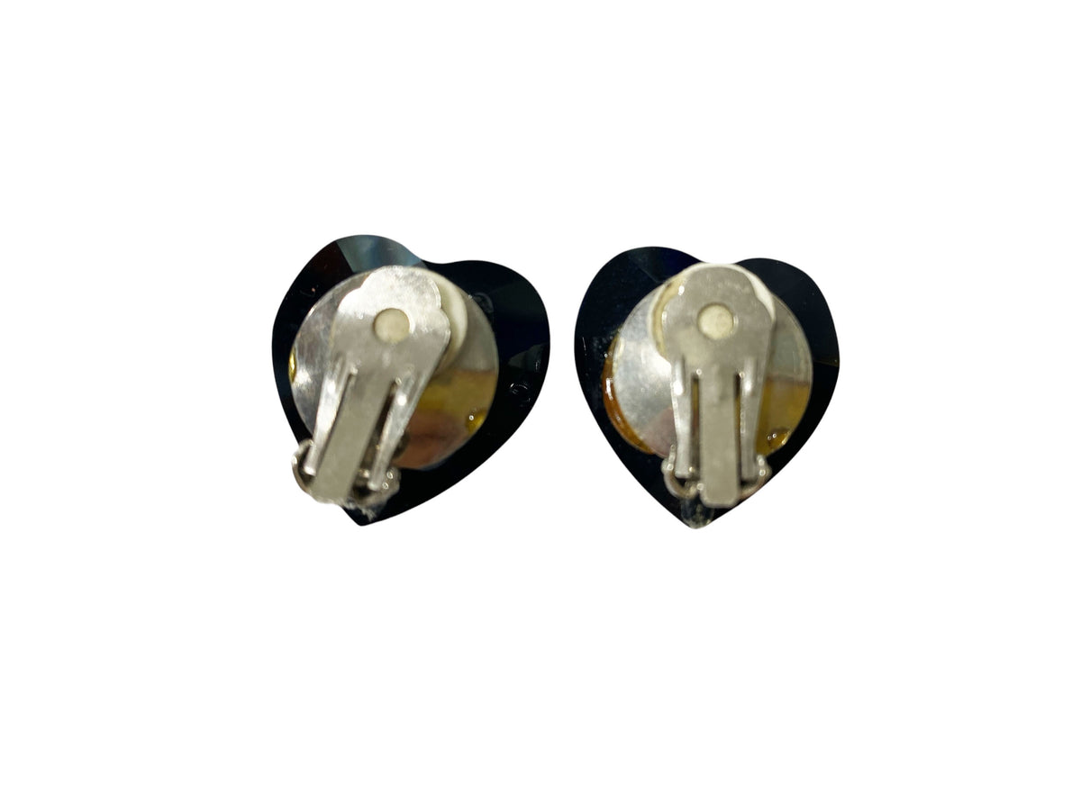 #67 Vintage Faux  Black Onix Heart Shape  clip- on Earrings