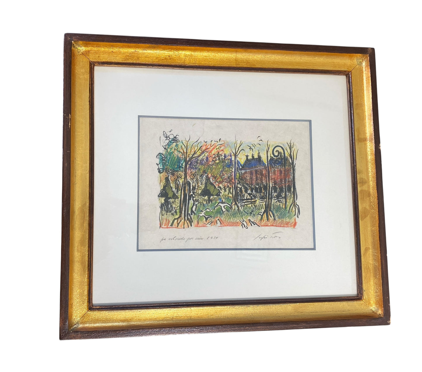#100 Listed Artist  Sergio Telles French Park Scene Framed 15.75" H