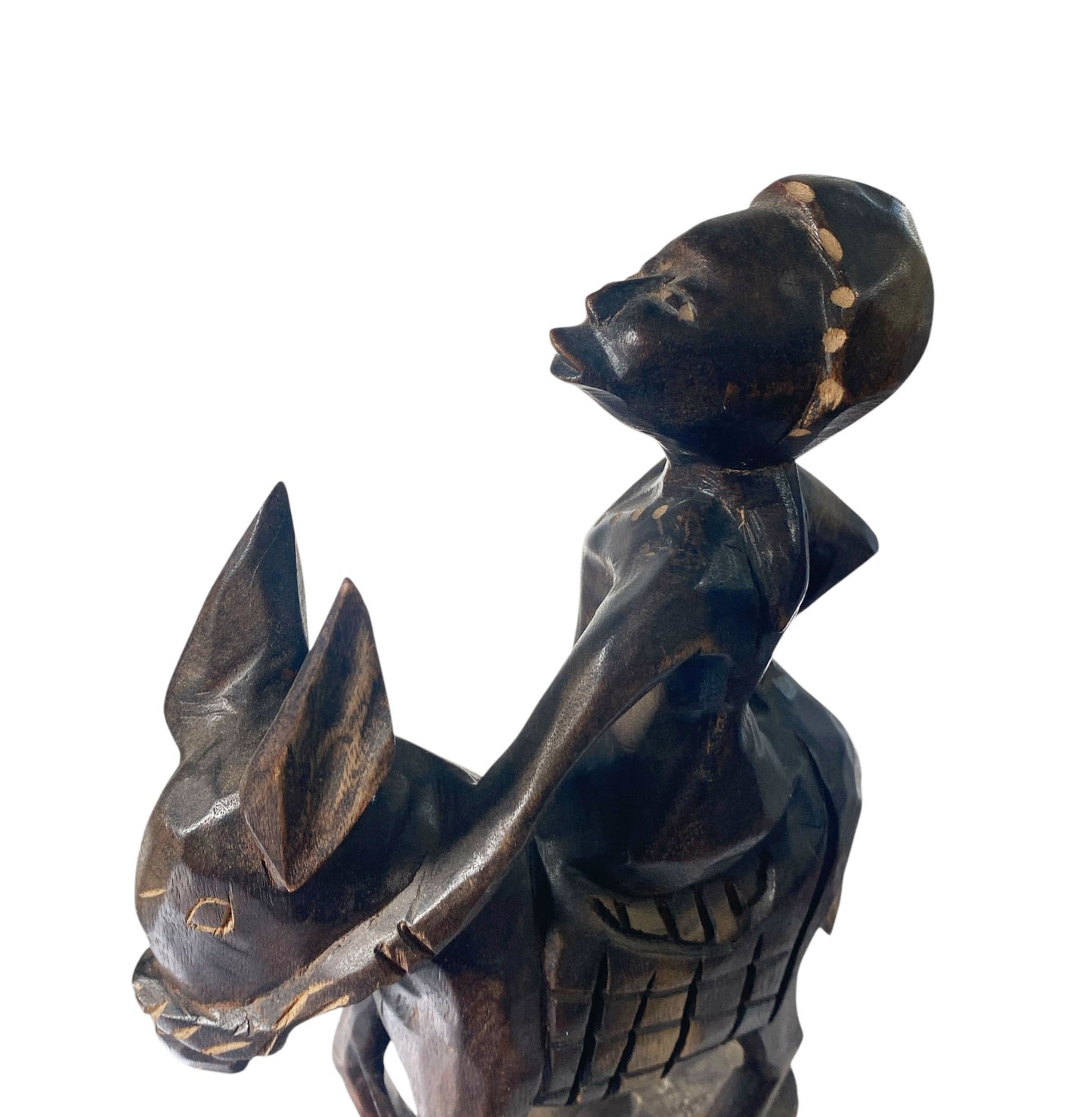 #800 Vintage African Wood Sculpture of a Figure on a Donkey 11" H