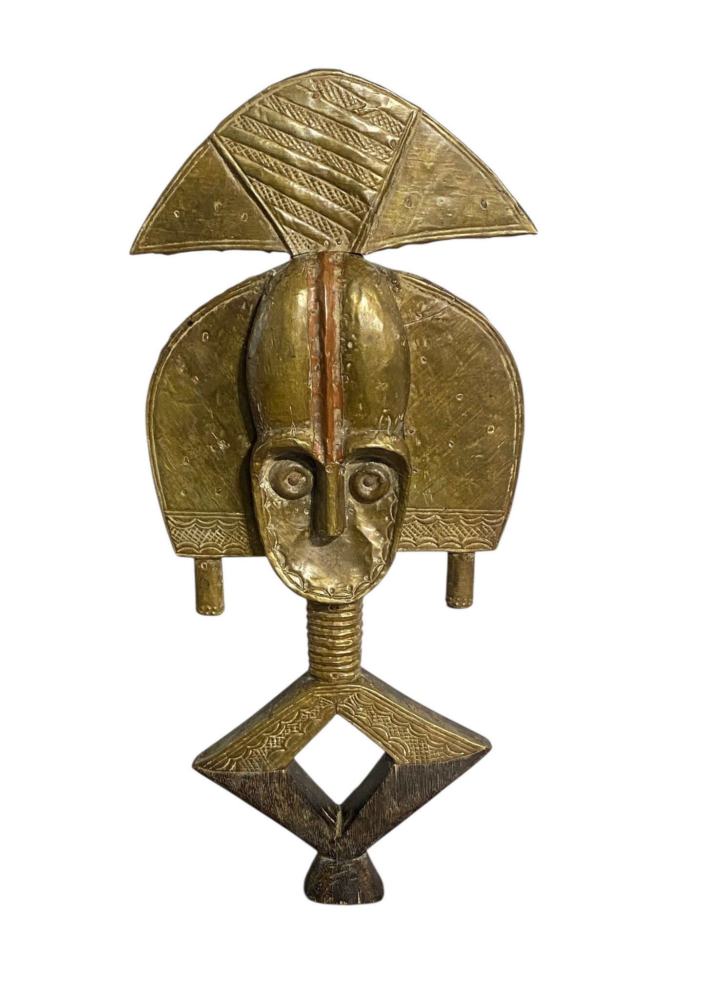 #1174 VTG Bakota Brass and wood  Sculpture w/Stand 23" H