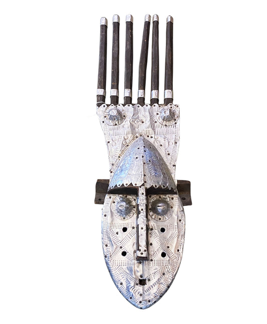 #3060 Vintage African Bamana Ntomo Mask w/ Aluminum 24.75" H