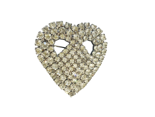 #7145 Vintage Clear Rhinestone Heart Brooch Pin Costume Jewelry Silver Toned