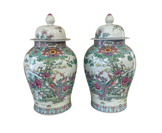 #5949 Vintage  LG Chinoiserie  Famille Rose Porcelain Ginger Jars 26" H Pair