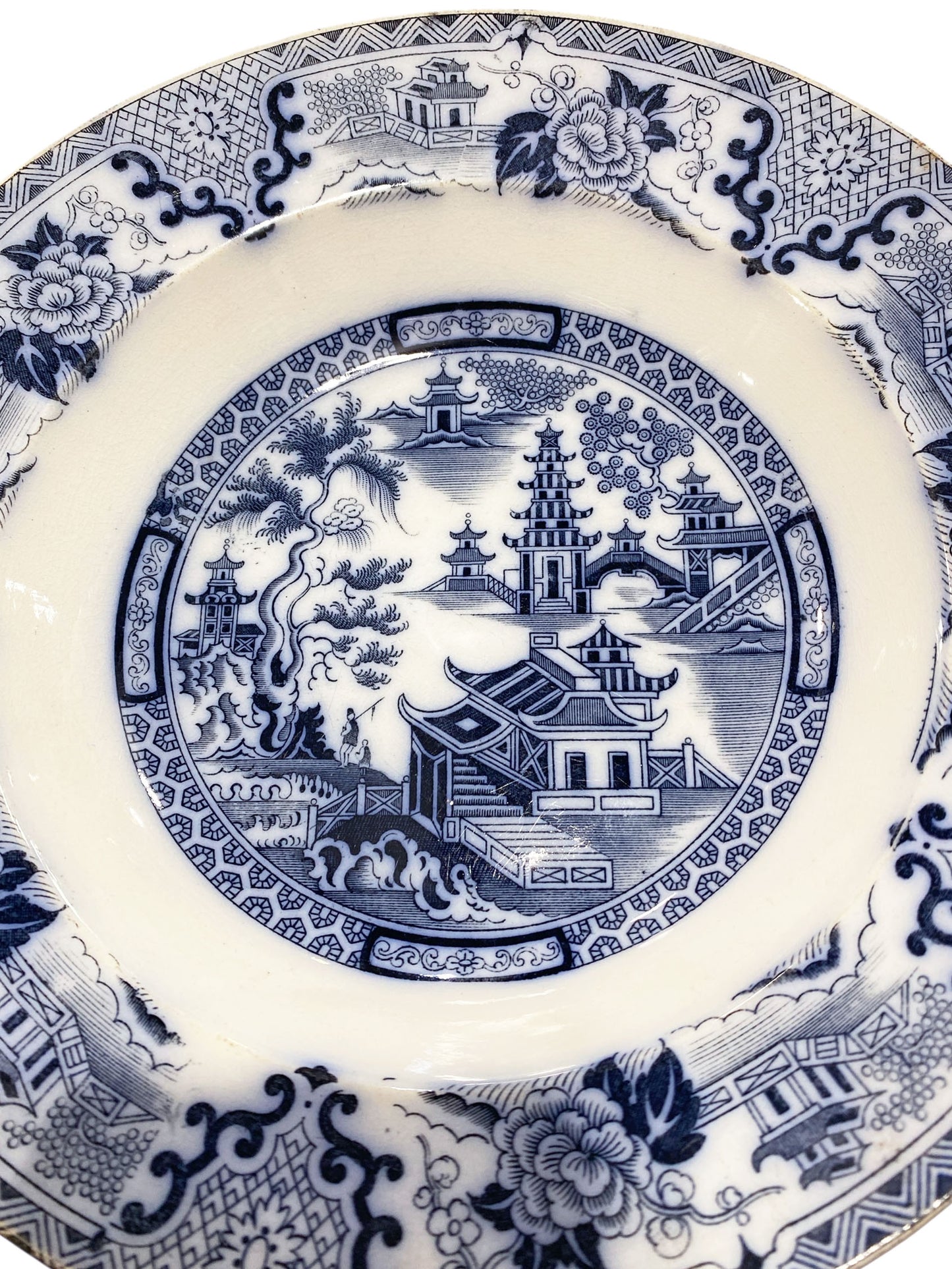 #653 Antique  Blue& White Willow SHANGHAI Ironstone  Soup Plate 8.5" D