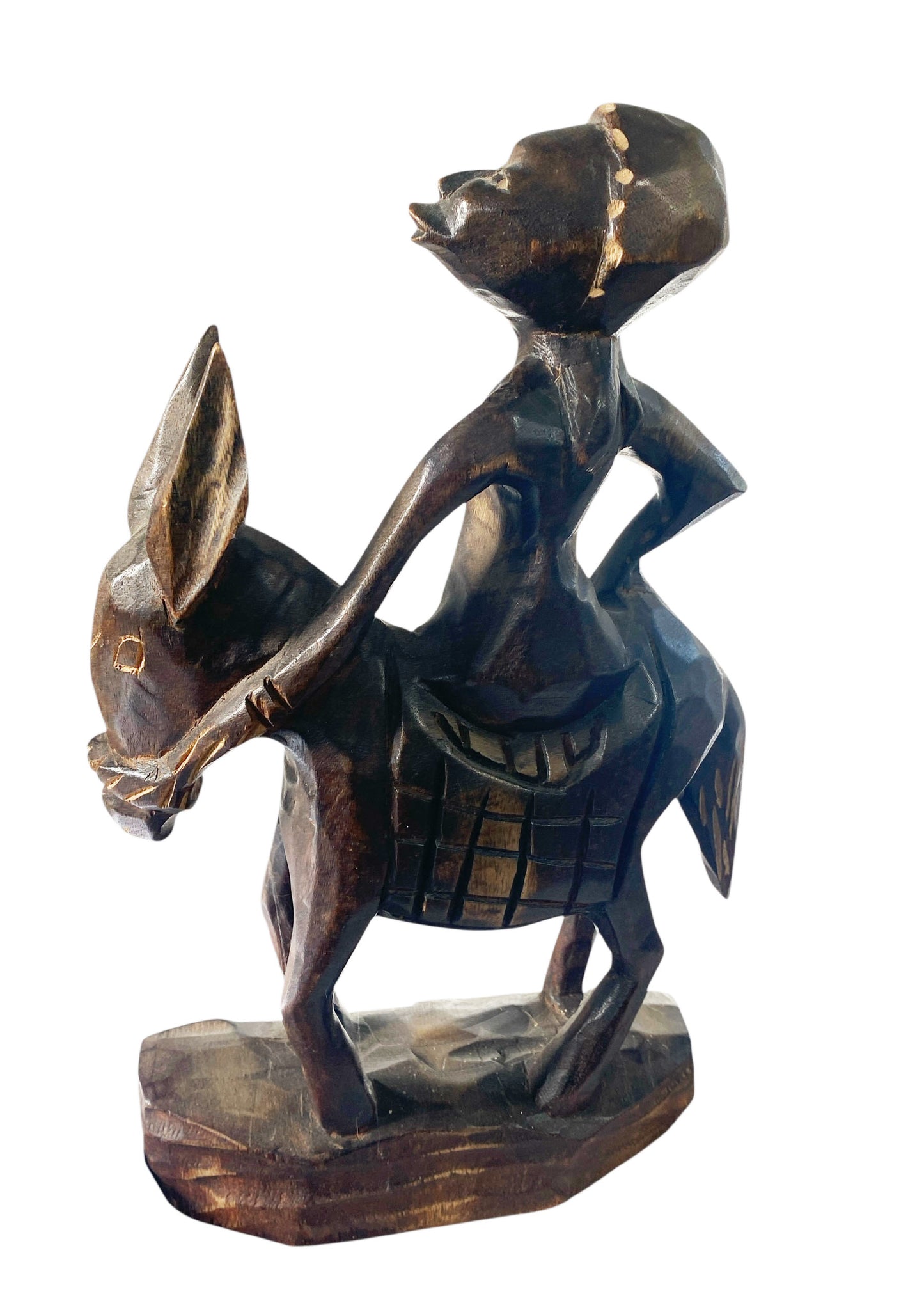#800 Vintage African Wood Sculpture of a Figure on a Donkey 11" H