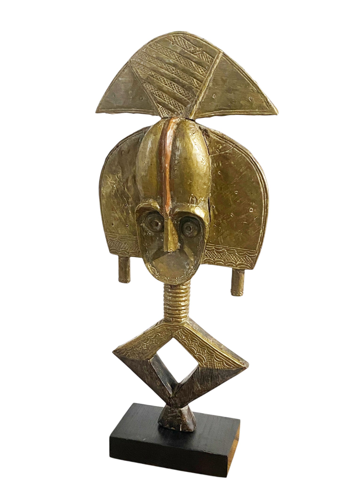 #1174 VTG Bakota Brass and wood  Sculpture w/Stand 23" H