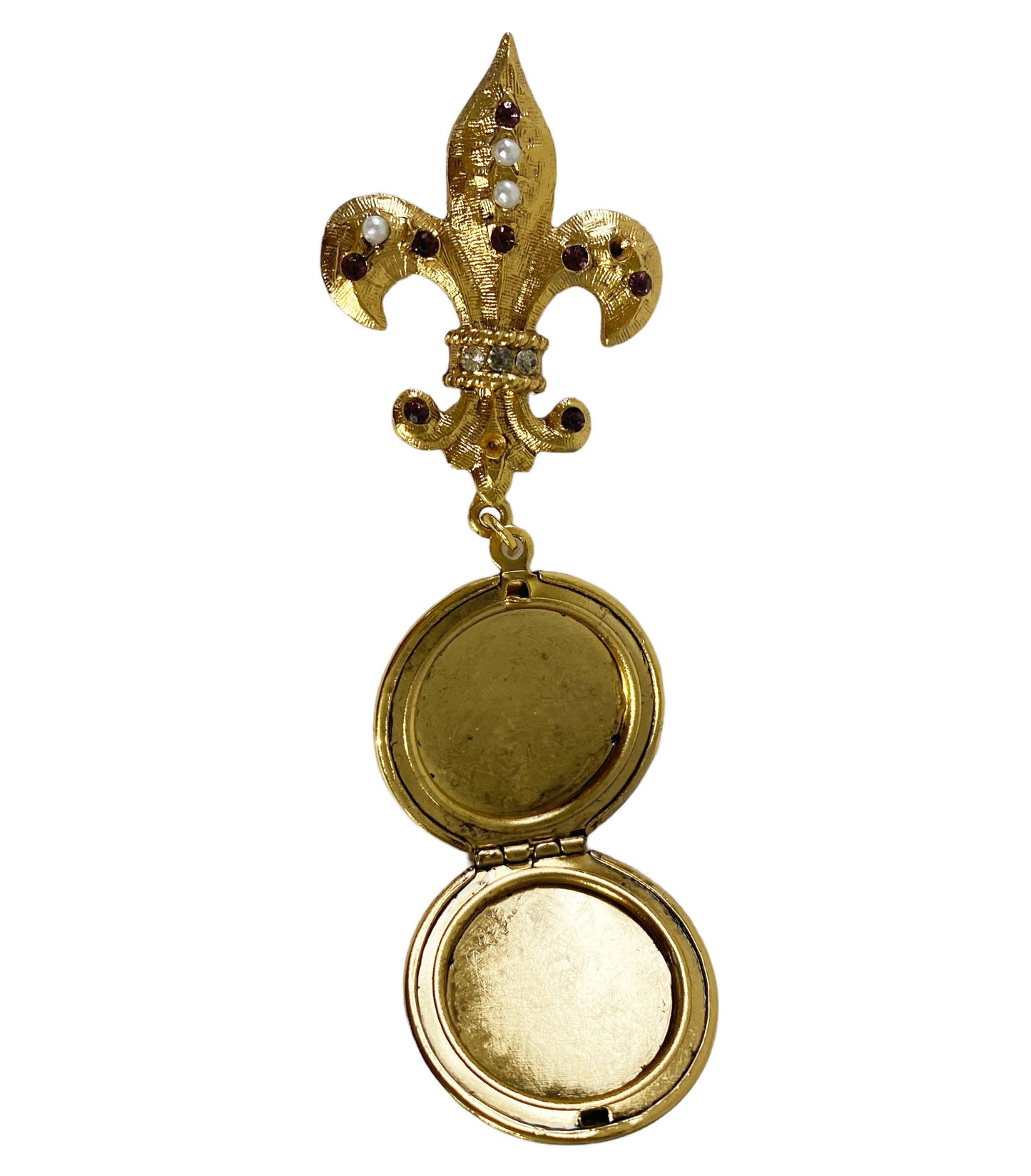 #5926 Vintage Fleur de Lys with Engraved Gold Tone Locket / Brooch /Pin 2.75" H
