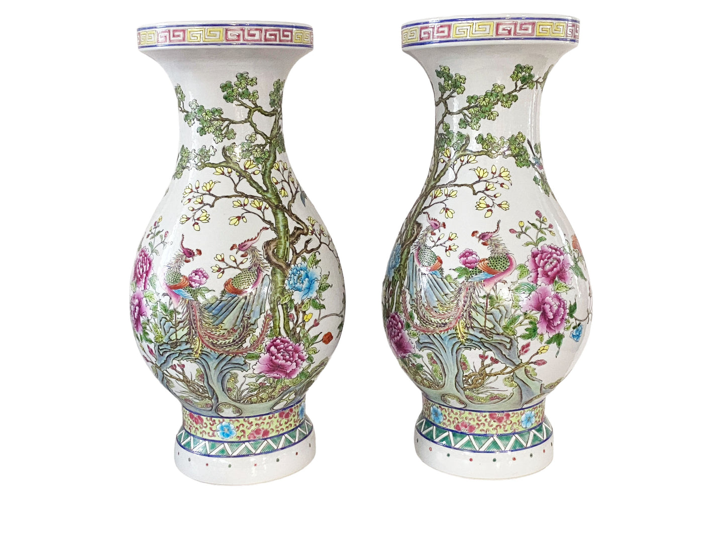 #3195 Chinoiserie Hand Painted Famille Rose  Phoenix Vases /Pair 21" H